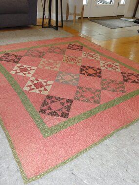Antique Signed 1896 Red, Green, Brown, Star Patterned Quilt EXCELLENT CONDITION!